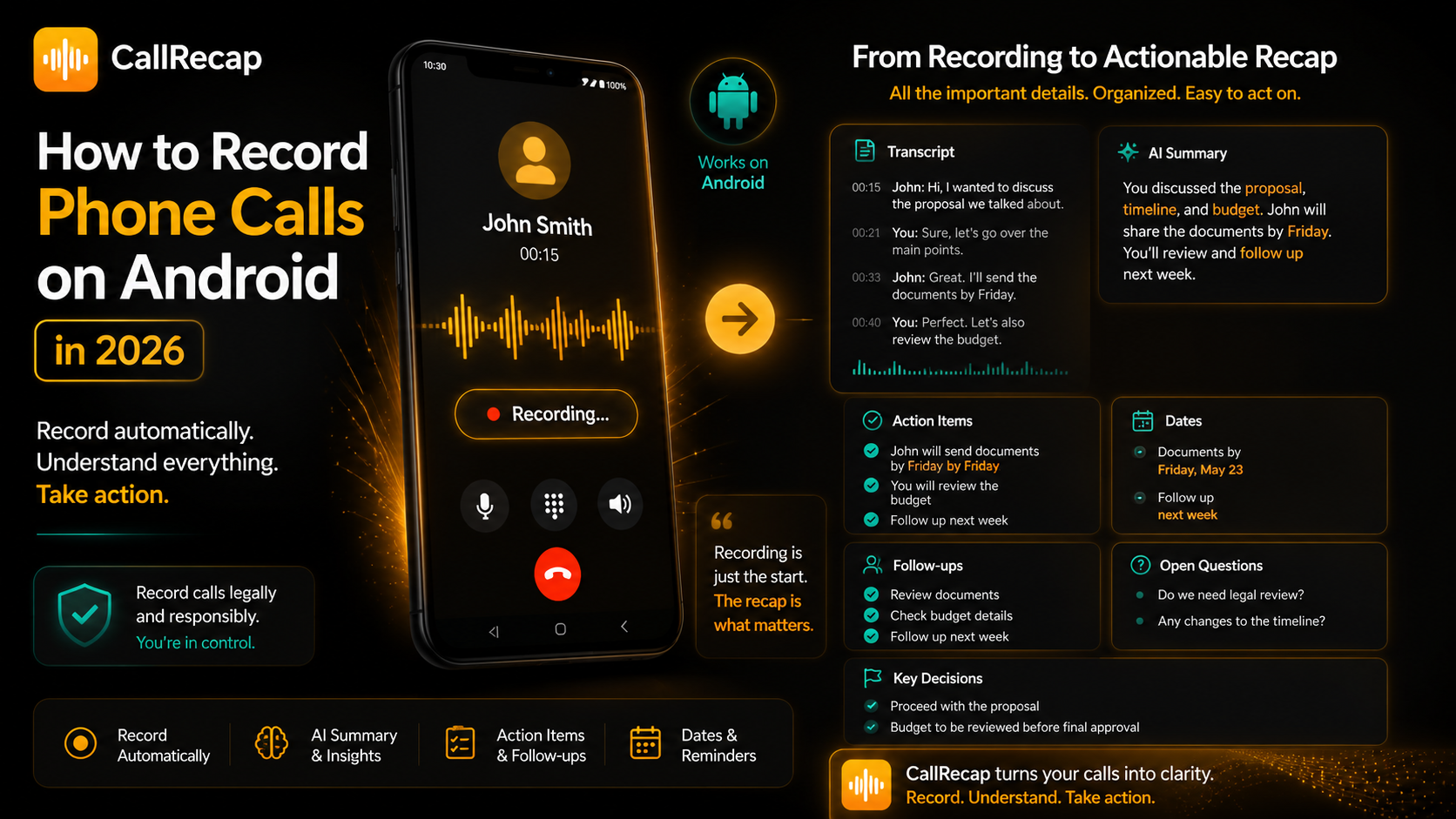 How to record phone calls on Android in 2026 — phone call to recap with transcript, action items, follow-ups, key decisions, dates, and open questions